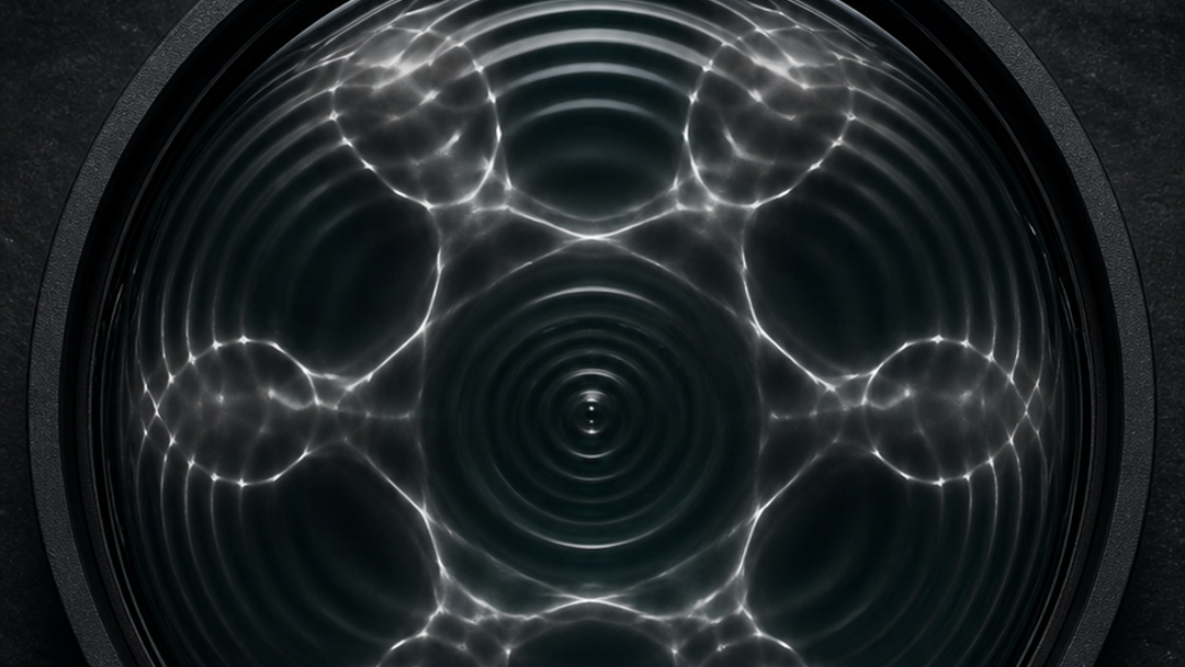 Visual recreation of a symmetrical standing-wave pattern on a dark water surface